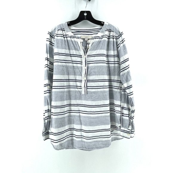 Ann Taylor LOFT Women's White Blue Striped Button Casual Peasant Top Medium Boho - Picture 2 of 8
